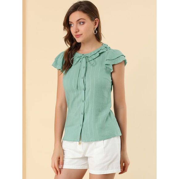 Women's Ruffle Sleeve Tie Neck Button Front Flounce Neck Blouse Blue Green - Picture 5 of 6